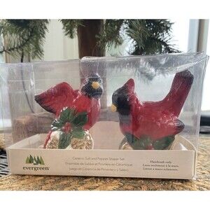 EVERGREEN RED CARDINAL Ceramic Salt & Pepper Shakers Bird Holiday Christmas NEW